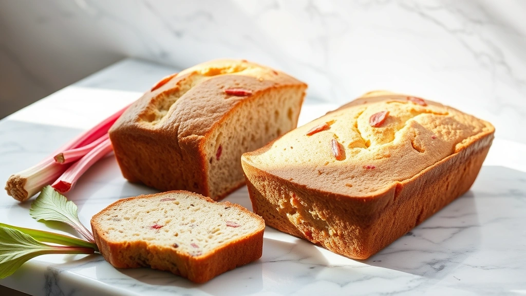 hero: Two sliced rhubarb bread loaves on a marble counter with fresh rhubarb stalks beside them, soft morning light streaming in from the left, golden-brown crust visible, photorealistic, no text