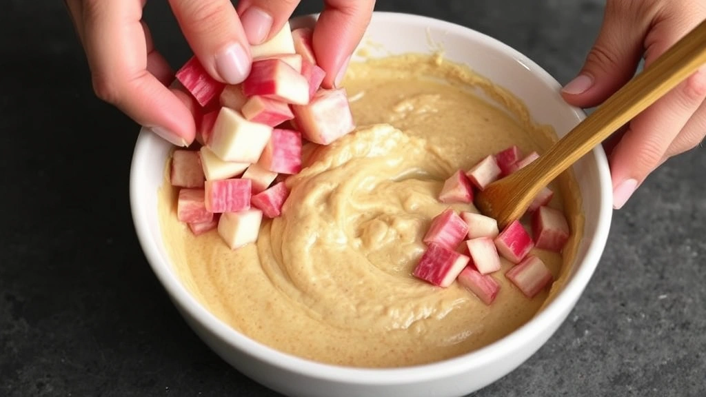 process: Hands folding pink rhubarb pieces into light tan batter in a ceramic bowl, wooden spoon visible, close-up action shot, photorealistic, natural kitchen light, no text