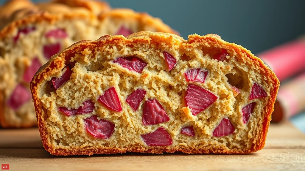 detail: Close-up cross-section of rhubarb bread showing pink rhubarb pieces distributed throughout golden-tan crumb, slice standing upright, shallow depth of field, photorealistic, warm natural light, no text