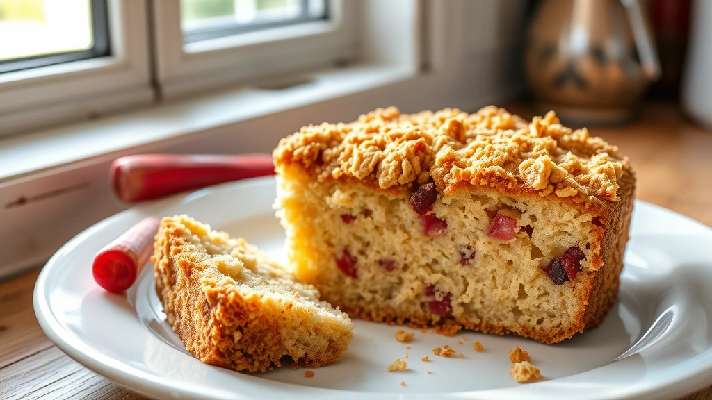 hero: rustic rhubarb cake with golden streusel topping on white plate, soft afternoon light streaming through kitchen window, crumbs and rhubarb visible, no text or watermark
