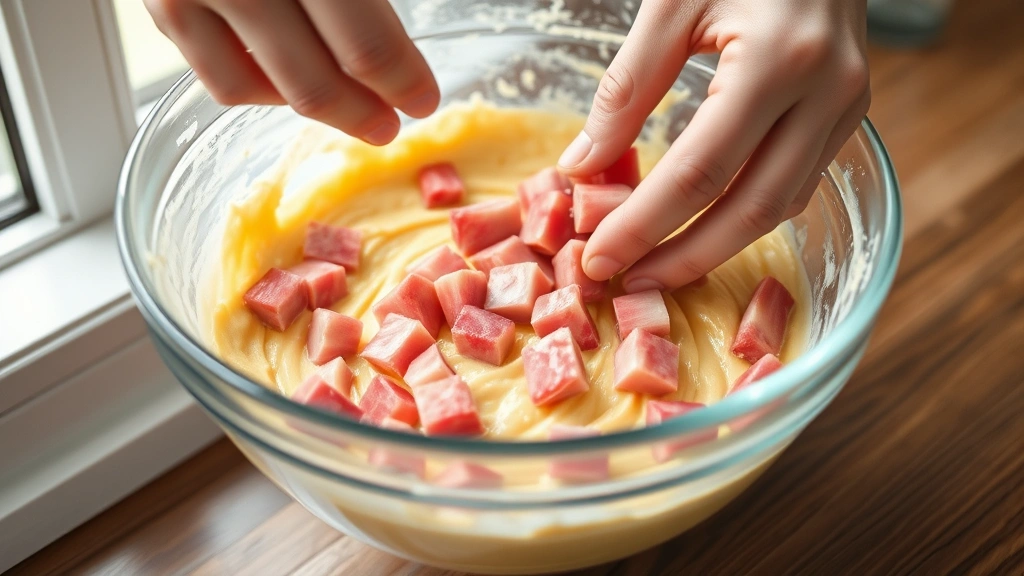 process: hands folding fresh pink rhubarb pieces into yellow vanilla cake batter in glass mixing bowl, natural window light, close-up shot