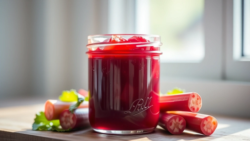 hero: glossy ruby-red rhubarb confiture in a crystal jam jar, sunlight streaming through, fresh rhubarb stalks beside it, soft natural window light, shallow depth of field, no text or branding