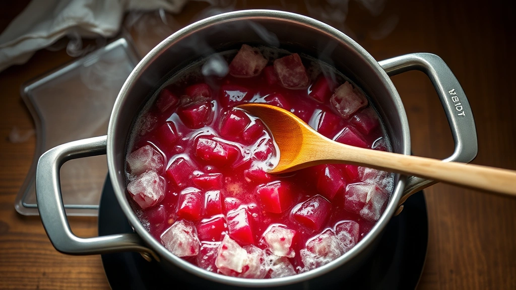 process: bubbling pot of rhubarb confiture at perfect rolling boil, wooden spoon resting on rim, steam rising, professional food photography lighting, overhead slightly angled view, no text or branding