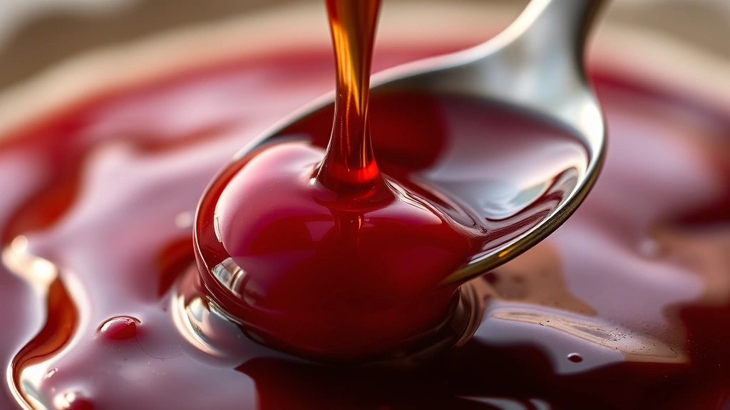 detail: close-up macro shot of confiture texture showing glossy consistency and deep red color, single spoonful dripping slowly, natural backlighting creating jewel-like appearance, no text or branding