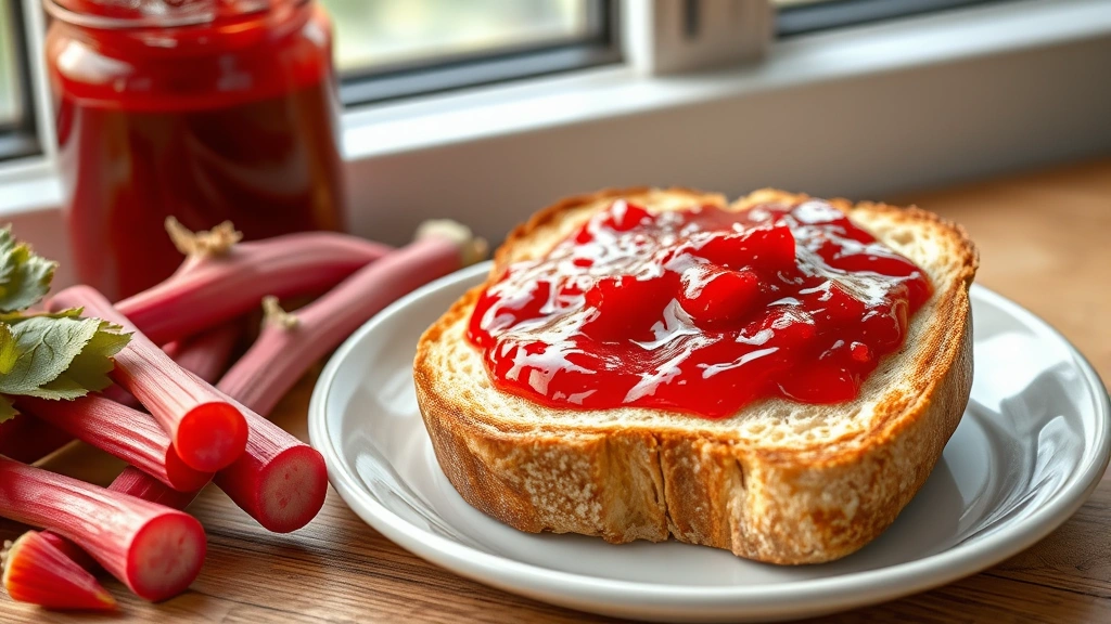 hero: vibrant ruby-red rhubarb jam spread on warm buttered toast with fresh rhubarb stalks beside it, photorealistic, natural window light, no text