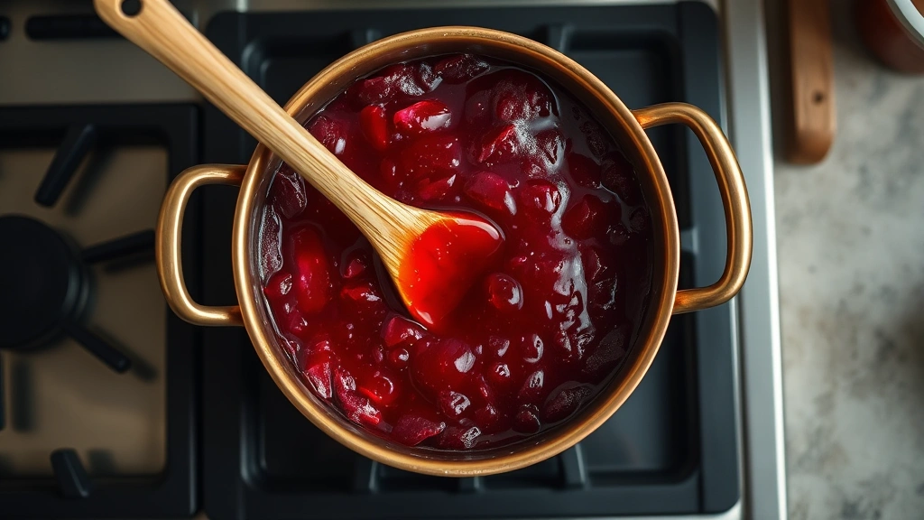 process: overhead shot of ruby jam bubbling in heavy copper pot on stovetop with wooden spoon, photorealistic, natural kitchen light, no text