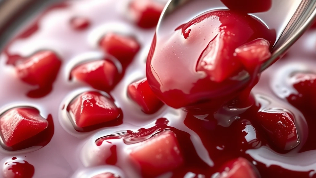 detail: close-up macro of glossy rhubarb jam texture with visible rhubarb pieces, spoon drizzling jam, photorealistic, natural light, no text