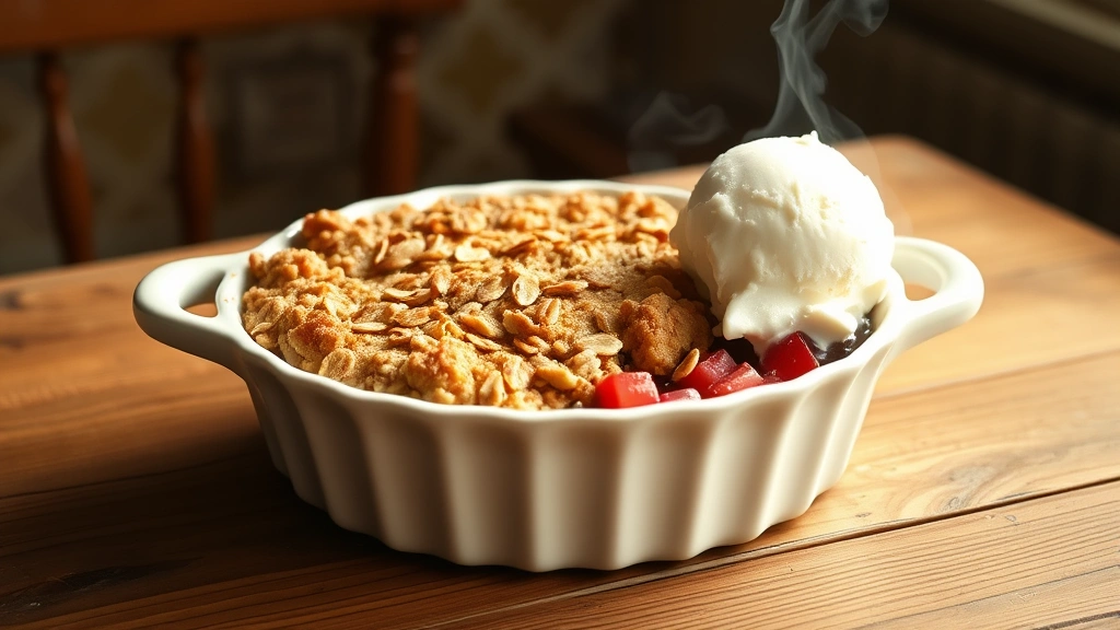 hero: warm rhubarb crisp in white ceramic baking dish, golden oat topping, vanilla ice cream melting on the side, rustic wooden table, soft natural window light, steam rising, cozy farmhouse aesthetic, no text or watermarks