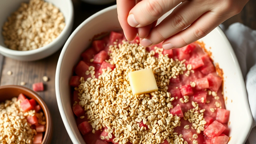 process: hands sprinkling buttery oat topping over pink rhubarb filling in baking dish, ingredients visible nearby, natural daylight, close enough to see texture details, candid cooking moment, no text