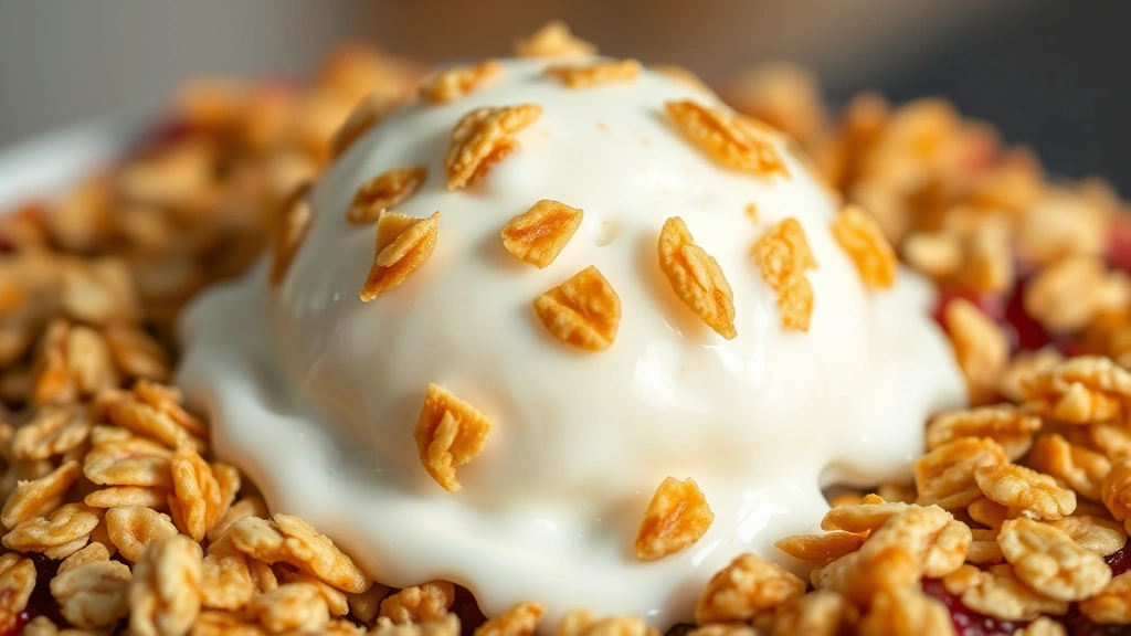 detail: close-up macro shot of golden crispy oat topping with melting ice cream, individual oats and butter visible, warm rhubarb filling showing through, shallow depth of field, natural light creating highlights, appetizing and inviting, no text