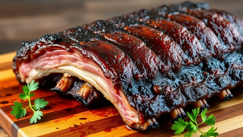 hero: perfectly cooked baby back ribs with dark caramelized crust, glistening with smoke ring, arranged on wooden cutting board with fresh herbs, photorealistic, natural daylight, no text