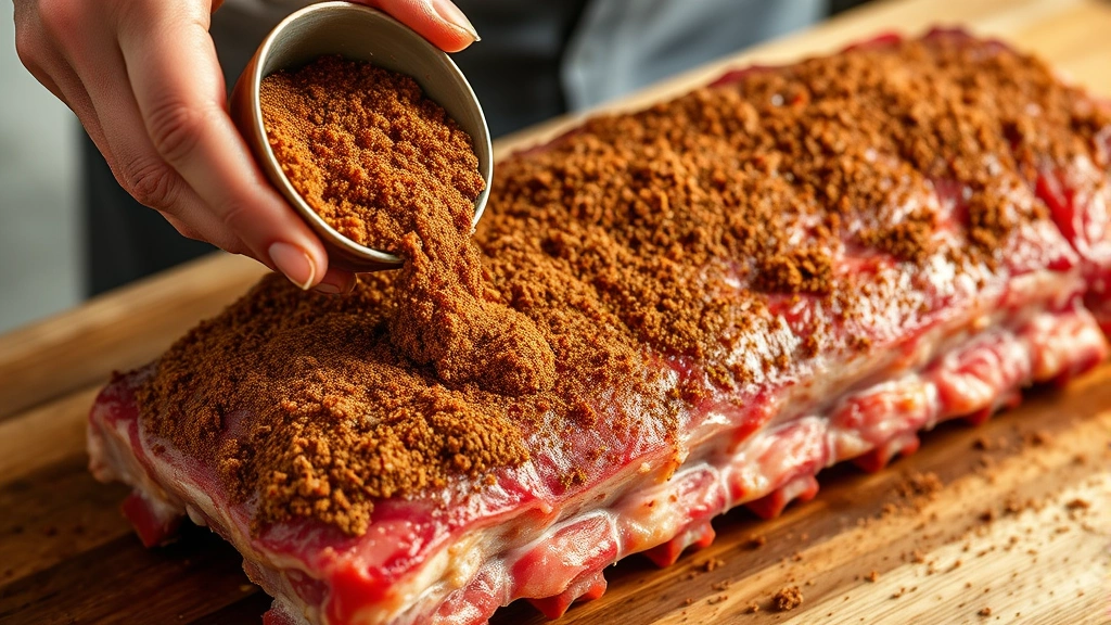 process: hands generously applying dry rub spice mixture to raw pork ribs, meat side up, close action shot, photorealistic, natural light, no text