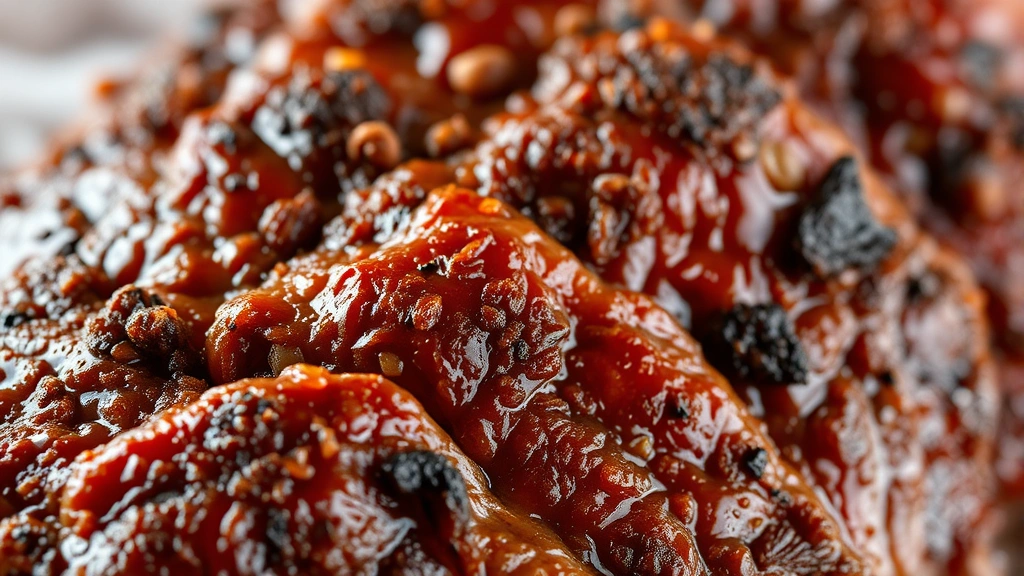 detail: extreme close-up of cooked rib crust showing caramelized bark texture with brown sugar glaze and spice coating, photorealistic, natural light, no text