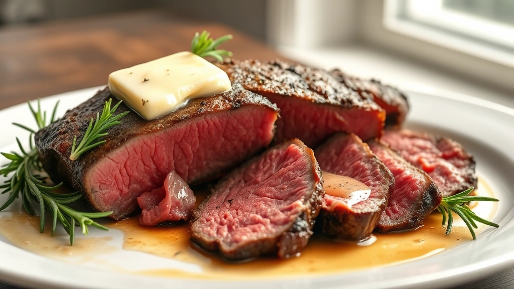 hero: sliced ribeye roast on white platter with herb butter melting on top, fresh rosemary garnish, photorealistic, natural window light, no text