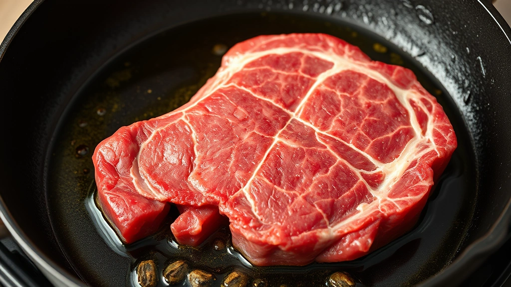 process: raw ribeye roast being seared in cast iron skillet with oil sizzling, golden crust forming, photorealistic, natural light, no text