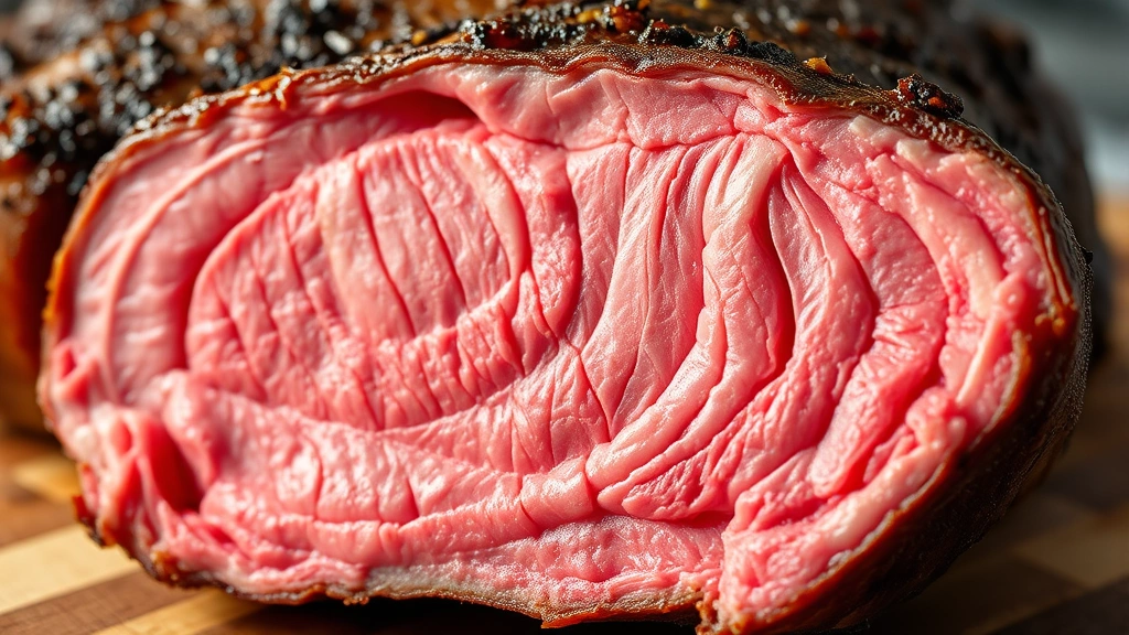 detail: close-up cross-section of sliced ribeye roast showing perfect pink medium-rare interior with beautiful marbling, photorealistic, natural light, no text