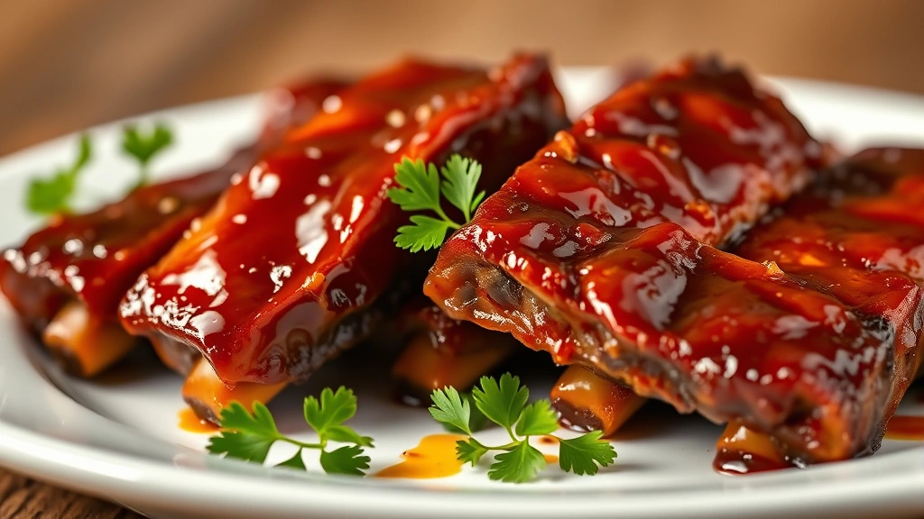 hero: glossy glazed riblets on white plate, golden-brown caramelized edges, garnished with fresh parsley, warm studio lighting, shallow depth of field, appetizing and professional