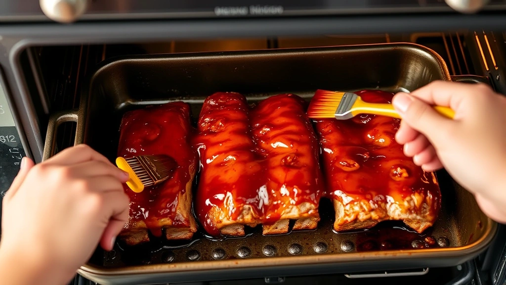 process: hands brushing honey-BBQ glaze onto riblets in oven-safe pan, golden brush strokes, natural kitchen lighting, action shot showing technique