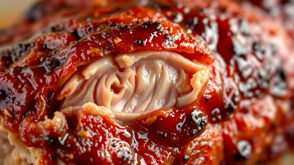 detail: close-up macro of single riblet showing tender meat pulling from bone, glossy glaze coating, golden-brown crust, beautiful texture detail, warm lighting