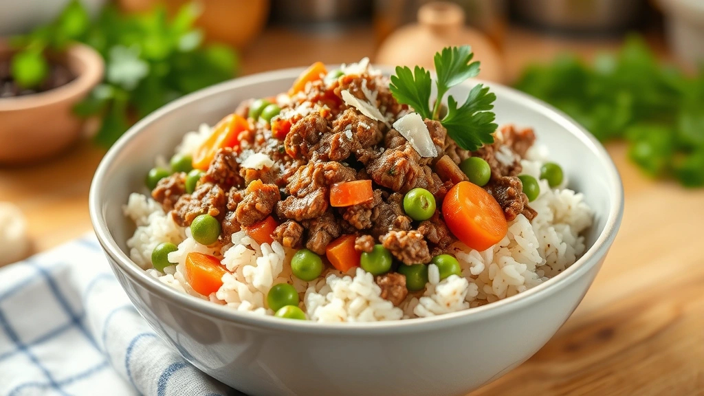 hero: steaming bowl of rice and ground beef with peas and carrots, garnished with fresh parsley and Parmesan cheese, photorealistic, natural warm kitchen lighting, no text