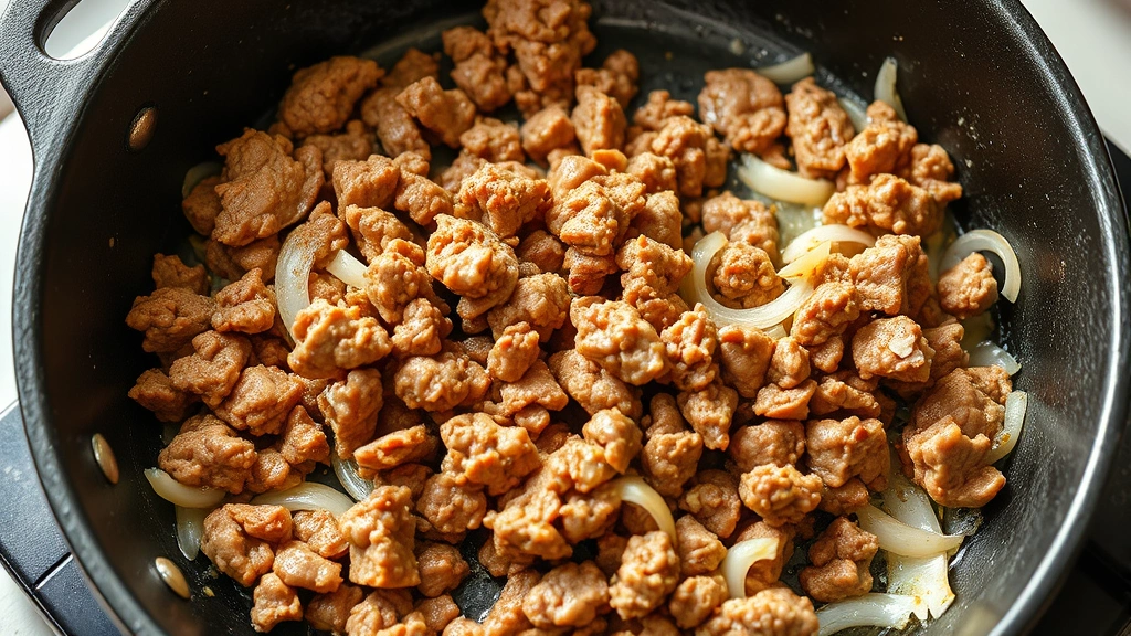 process: ground beef browning in cast iron skillet with onions and garlic, golden-brown meat and translucent onions, photorealistic, natural daylight, no text