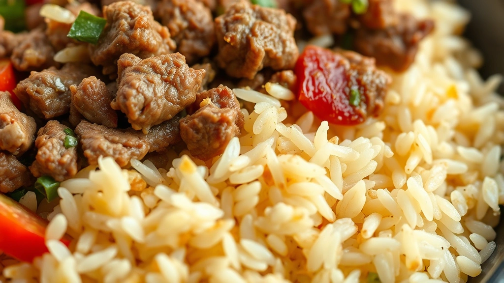 detail: close-up of finished rice and ground beef showing individual grains of rice, tender beef pieces, and vibrant vegetables, photorealistic, natural light, shallow depth of field, no text