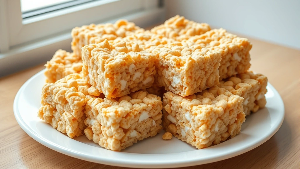 hero: finished marshmallow cream rice krispie treats cut into perfect squares on a white plate, golden-brown cereal visible, creamy marshmallow interior showing, soft natural window light, minimalist background, professional food photography