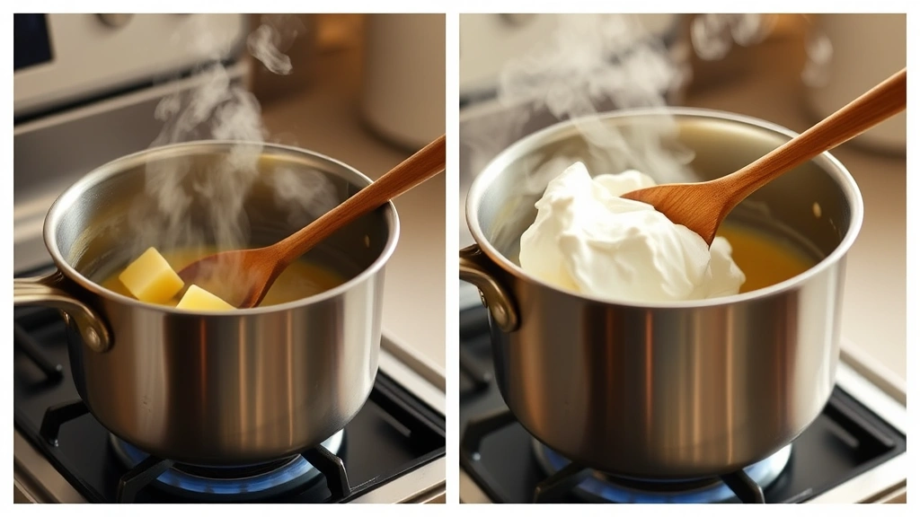 process: stirring melted butter and marshmallow cream in stainless steel saucepan over burner, steam rising, golden mixture, wooden spoon mid-stir, warm kitchen lighting, action shot