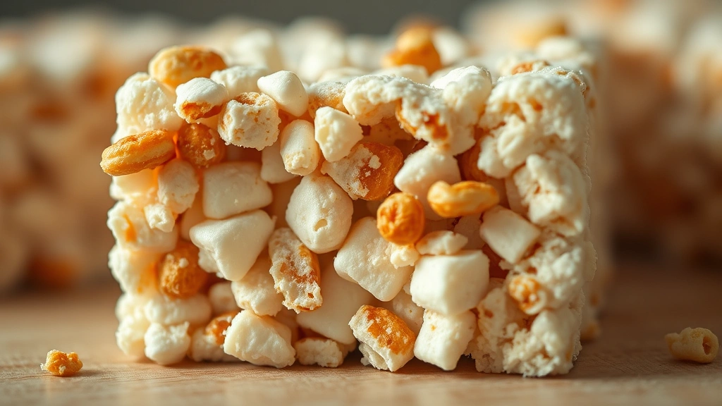 detail: close-up cross-section of single rice krispie treat square showing creamy marshmallow interior with toasted cereal pieces throughout, shallow depth of field, warm natural light, texture-focused macro photography