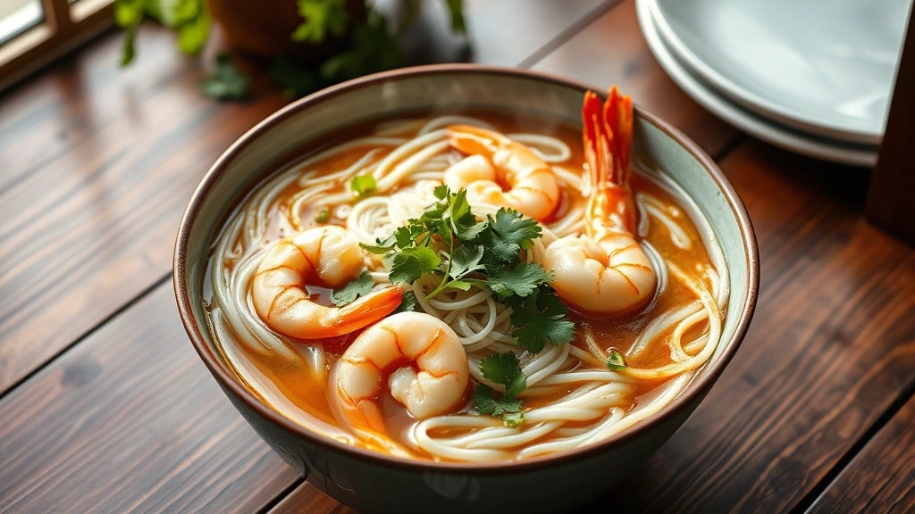 hero: beautiful steaming bowl of rice noodles with shrimp, fresh herbs, vegetables, and broth, overhead shot, natural window light, Asian wooden table, photorealistic, no text