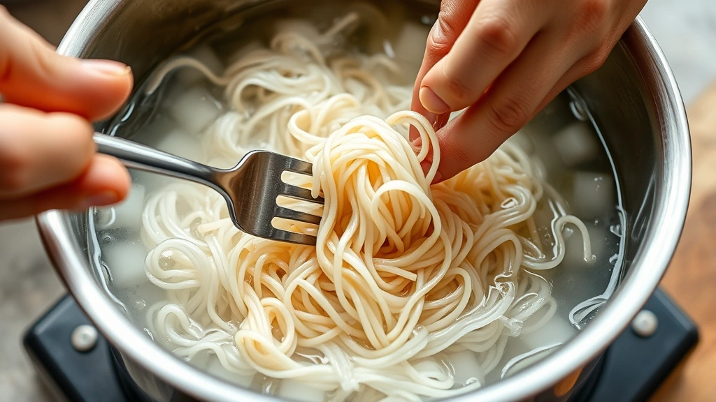 process: hands stirring rice noodles in boiling water with fork, steam rising, stainless steel pot, close-up action shot, natural light, photorealistic, no text