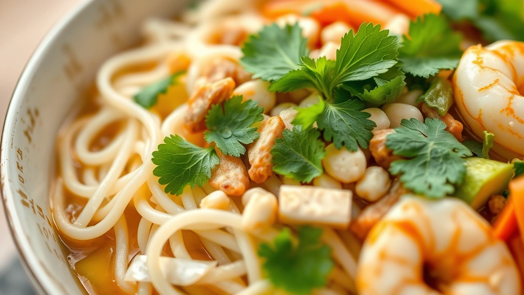 detail: close-up of finished rice noodle bowl showing layered toppings including cilantro, mint, crushed peanuts, shrimp, and vegetables, shallow depth of field, photorealistic, no text