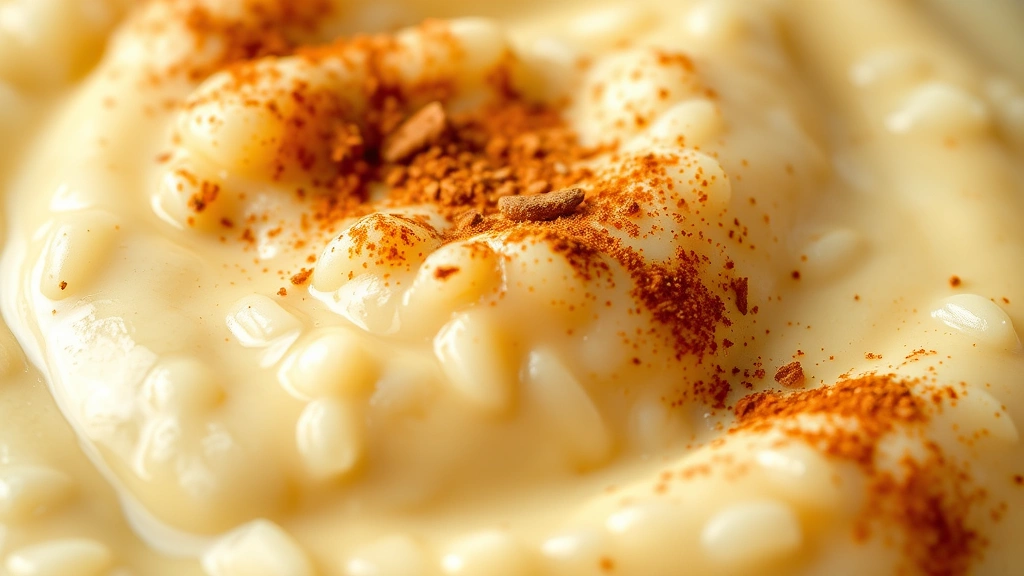 detail: close-up of creamy rice pudding showing individual rice grains and smooth custard texture, cinnamon dusting on top, shallow depth of field, photorealistic, natural light, no text