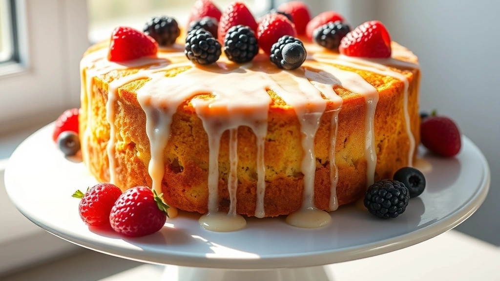 hero: beautiful golden ricotta cake with lemon glaze drizzle, fresh berries on top, sitting on white cake plate, bright natural window light, soft shadows, professional pastry photography, no text