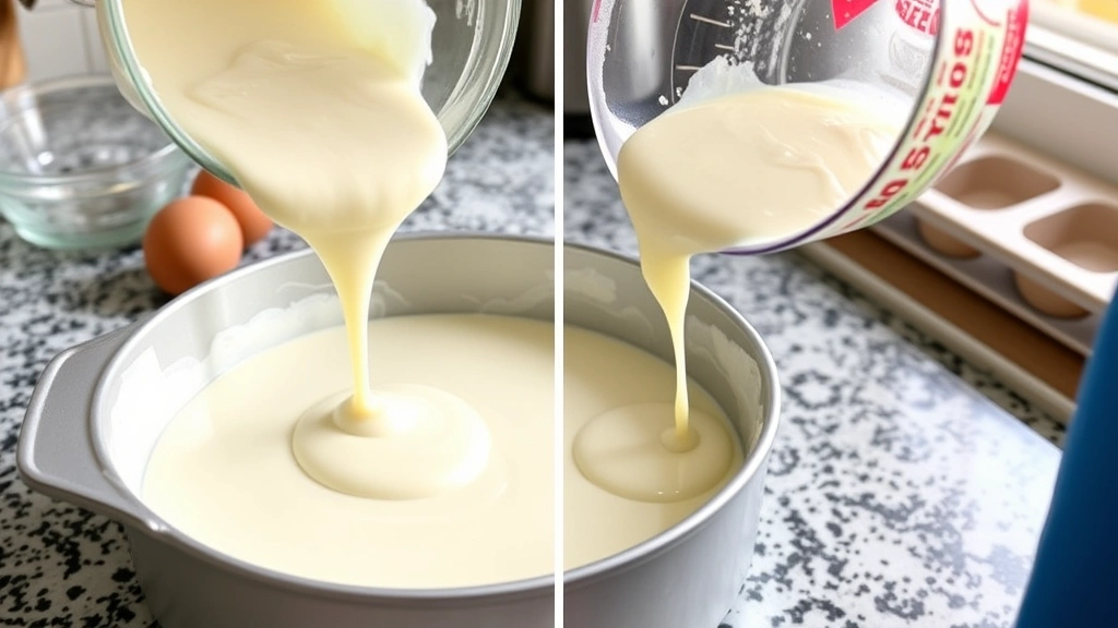 process: pouring ricotta batter into greased cake pan, eggs and ingredients visible on counter, baking setup, natural daylight from kitchen window, no text