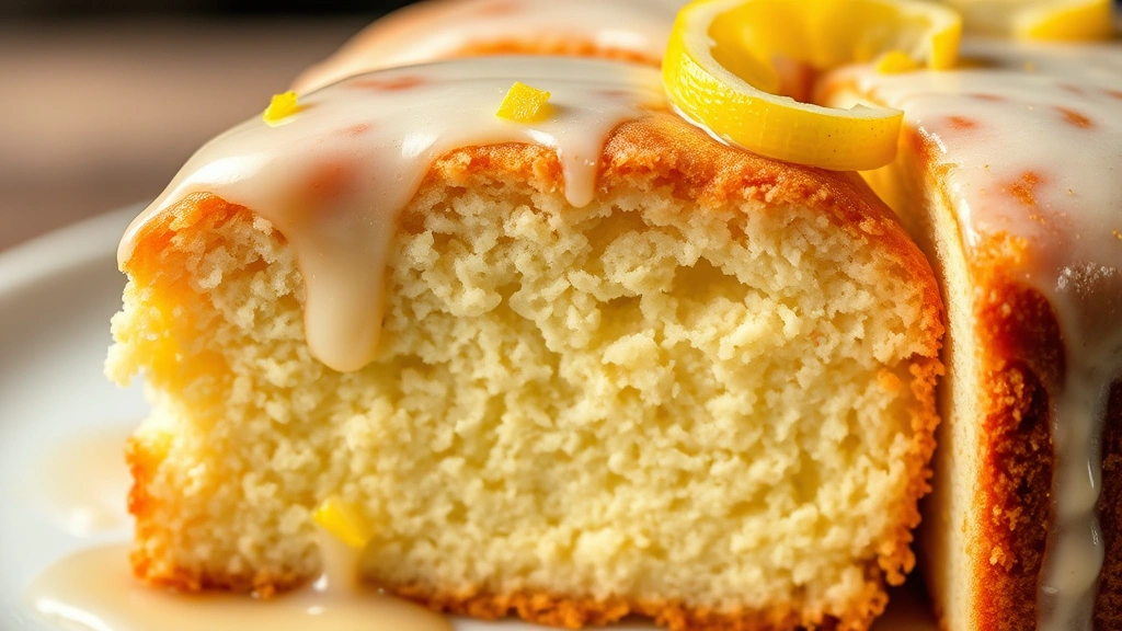 detail: close-up cross-section of sliced ricotta cake showing tender crumb structure, glaze dripping down side, fresh lemon zest garnish, macro photography, natural light, no text