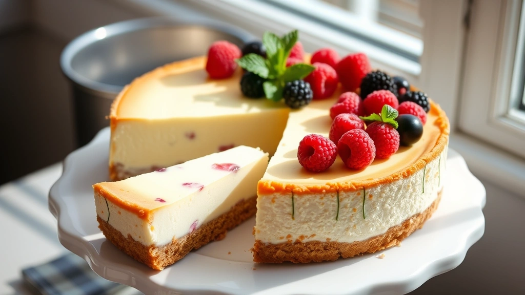 hero: whole ricotta cheesecake with golden graham cracker crust, sliced to show creamy interior, fresh berries and mint garnish on top, sitting on white ceramic cake stand, natural window light, soft shadows, 9-inch springform pan visible in background
