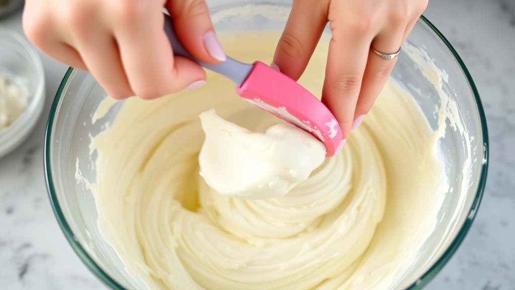 process: hands folding whipped egg whites into ricotta filling with rubber spatula, mixing bowl with light fluffy batter, natural afternoon kitchen light, close-up showing folding technique and texture