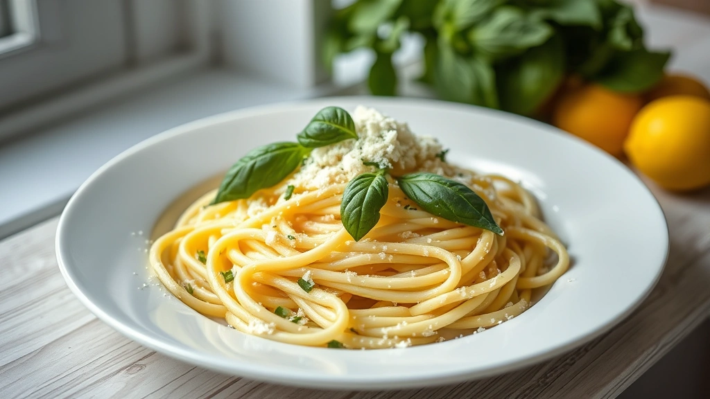 hero: creamy lemon ricotta pasta with fresh basil and grated Parmigiano on white plate, photorealistic, natural window light, no text, shallow depth of field
