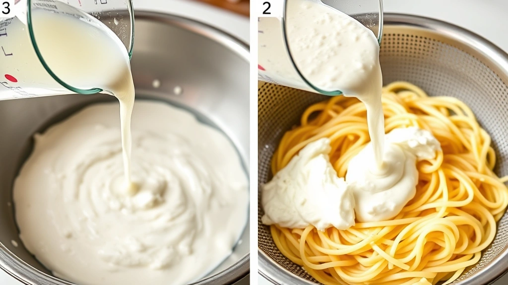 process: pouring reserved starchy pasta water into ricotta mixture while hot pasta sits in colander, photorealistic, bright kitchen light, no text