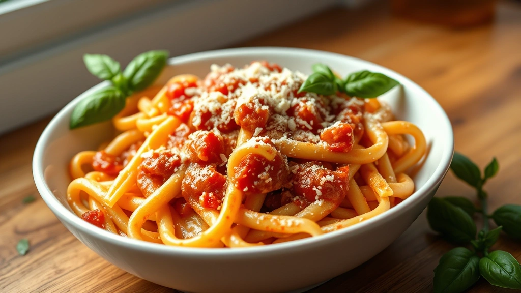 hero: creamy rigatoni in marinara with cream cheese sauce, plated in a white bowl, fresh basil garnish, Parmesan cheese sprinkled on top, photorealistic, natural window lighting, no text