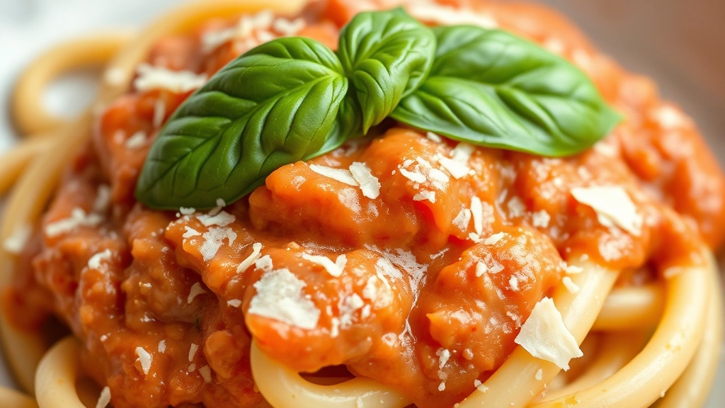 detail: close-up of rigatoni tube coated with creamy pink marinara sauce, fresh basil leaf on top, Parmesan shavings, photorealistic, macro photography, natural lighting, no text