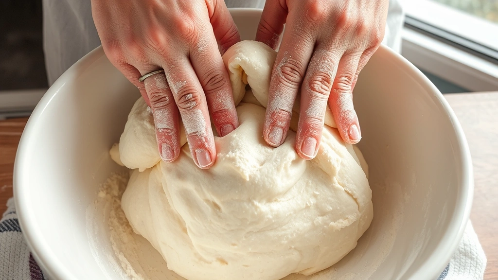 process: Hands performing stretch and fold technique on sticky dough in white ceramic bowl, flour-dusted hands, visible gluten development, close-up action shot, natural diffused light from window, showing technique clearly