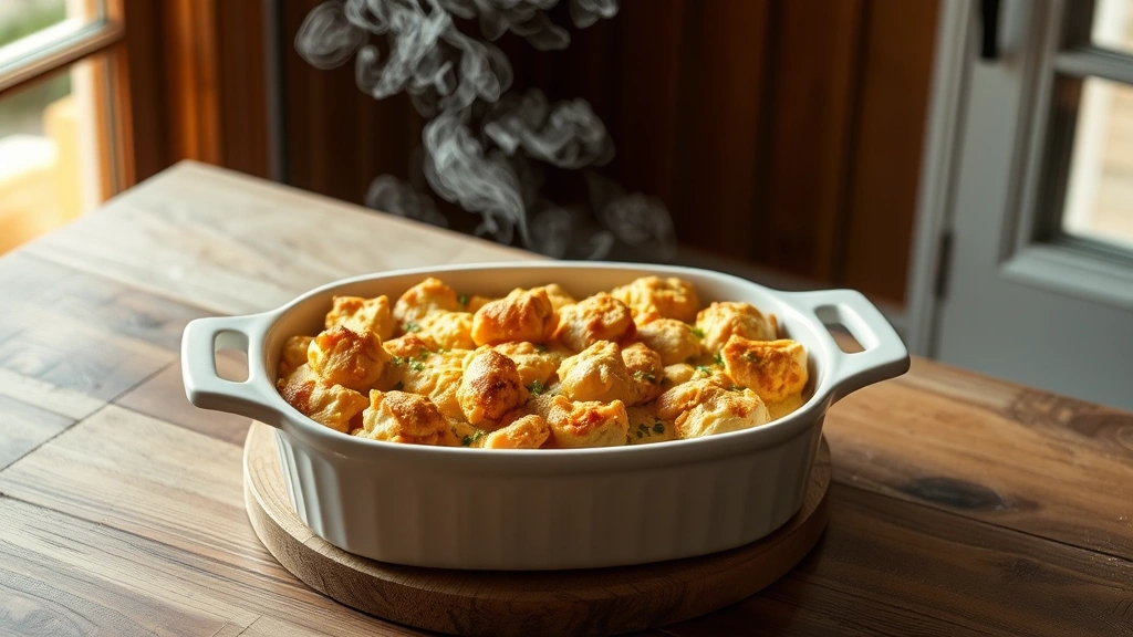 hero: golden Ritz cracker chicken casserole in white ceramic dish, steam rising, natural window light, clean rustic wooden table, top-down angled view, no text or watermarks
