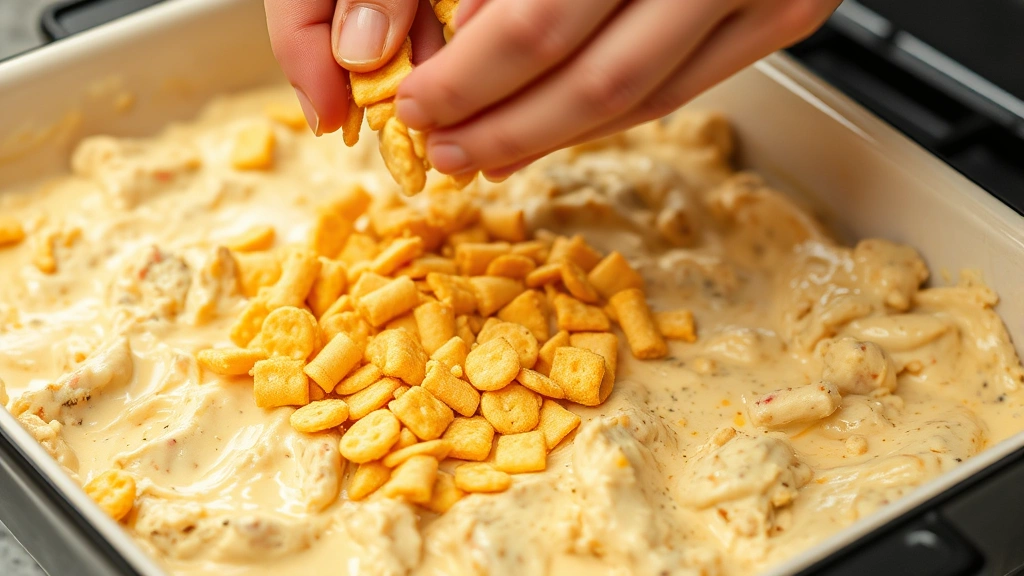 process: hands sprinkling buttered crushed Ritz crackers over creamy chicken mixture in baking dish, natural kitchen lighting, close-up action shot, no text or watermarks