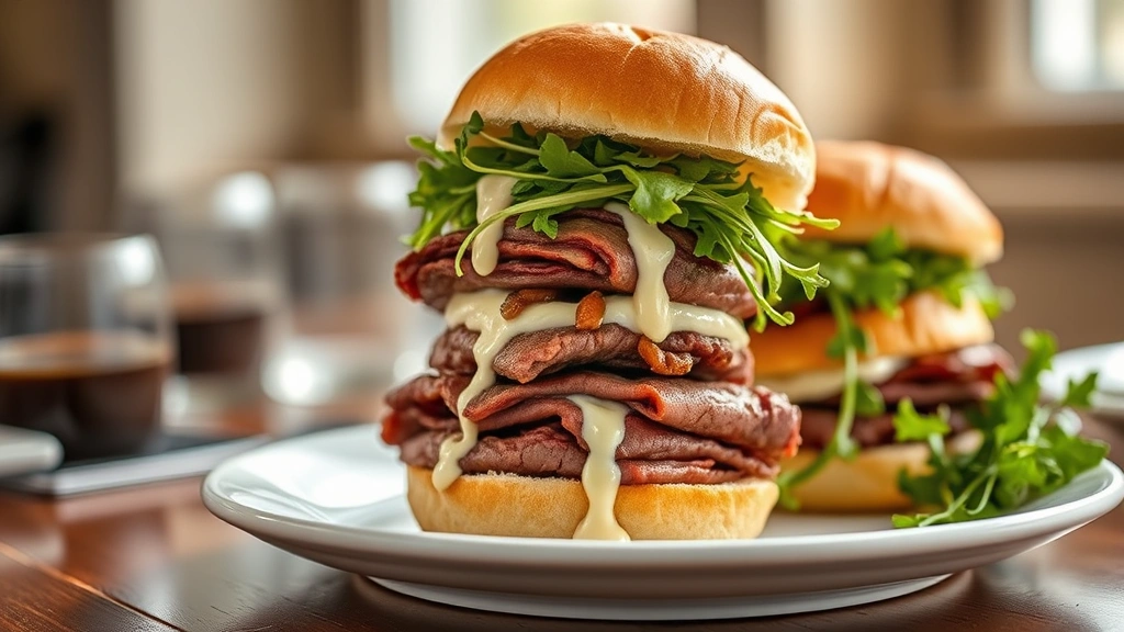 hero: gourmet roast beef sliders stacked on white plate, horseradish mayo dripping, caramelized onions visible, fresh arugula, brioche buns golden brown, natural window light, shallow depth of field, elegant table setting blurred background