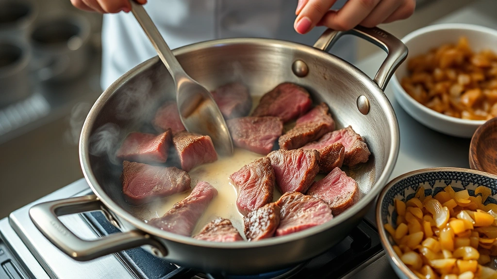 process: chef searing thin beef slices in butter in stainless steel skillet, golden crust forming, steam rising, caramelized golden onions in small bowl nearby, natural kitchen light