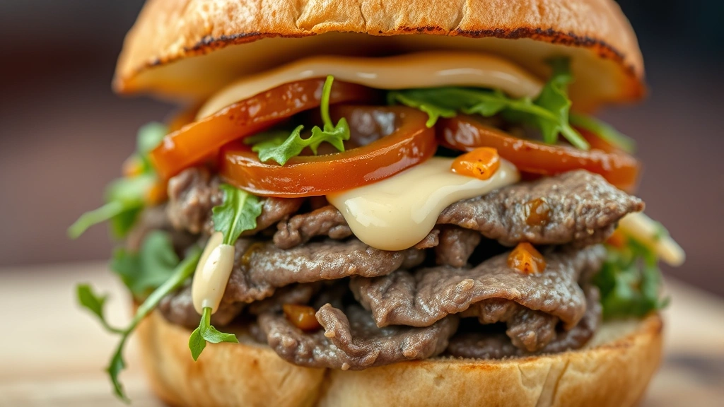 detail: close-up cross-section of assembled slider showing layers of beef, arugula, caramelized onions, and mayo on toasted brioche, macro photography, warm natural light, shallow focus highlighting textures