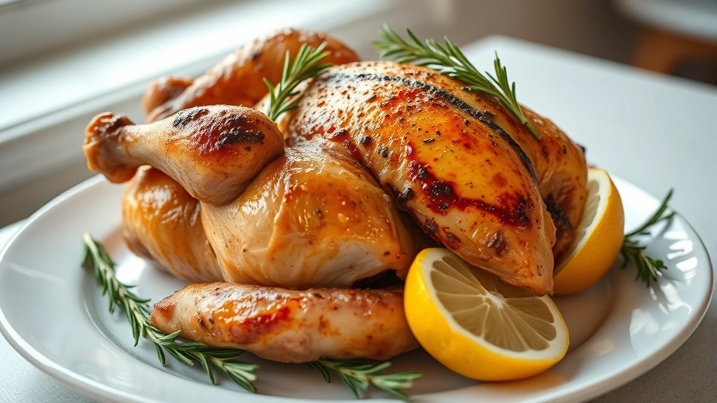 hero: whole roasted chicken with golden-brown crispy skin, fresh rosemary and lemon, on white plate, photorealistic, natural window light, no text, professional food photography