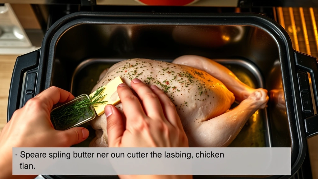 process: hands spreading herb butter under chicken skin, roaster oven with chicken inside, photorealistic, warm kitchen lighting, no text, instructional style